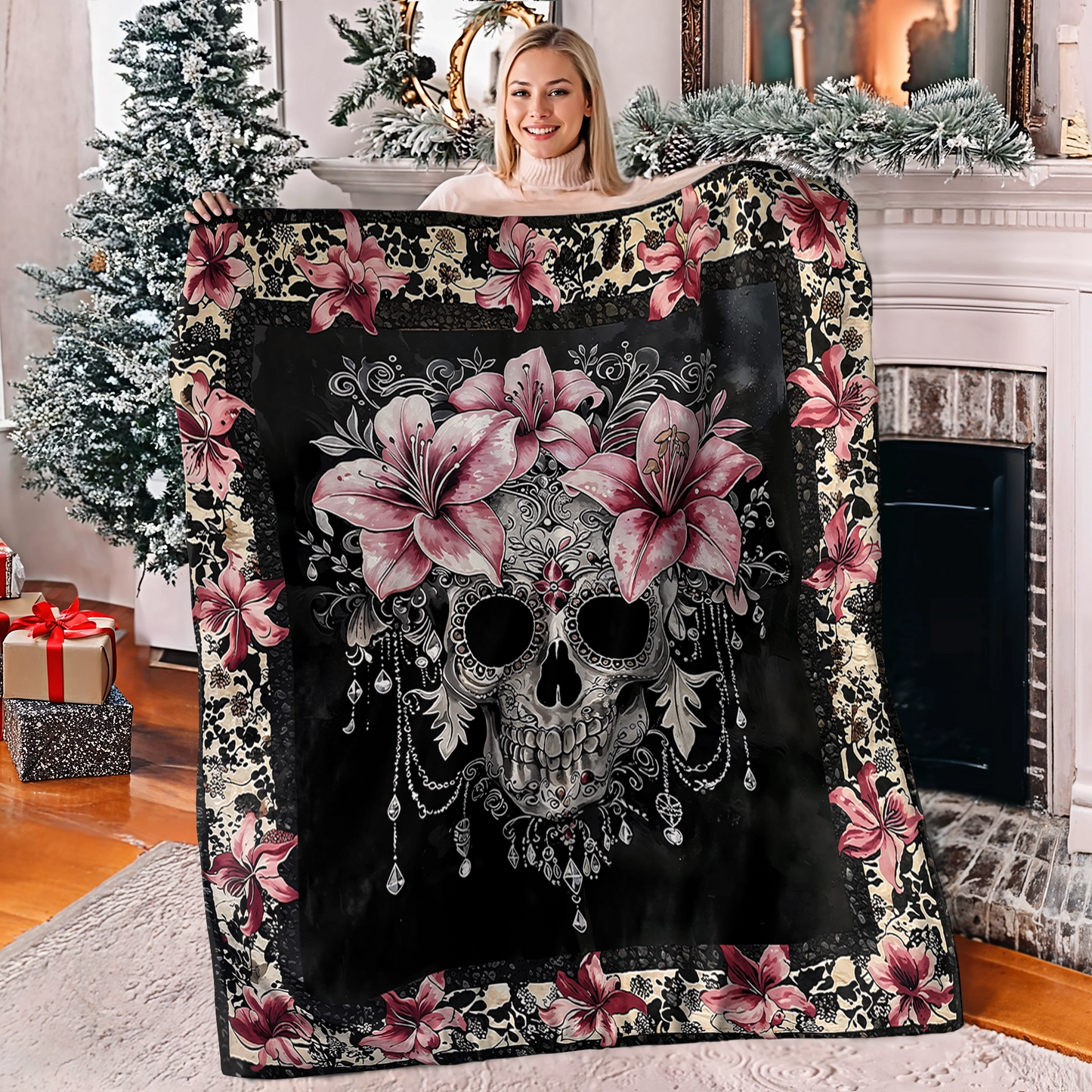 Shineful Fleece Blanket Beautiful Sugar Skull With Lilies