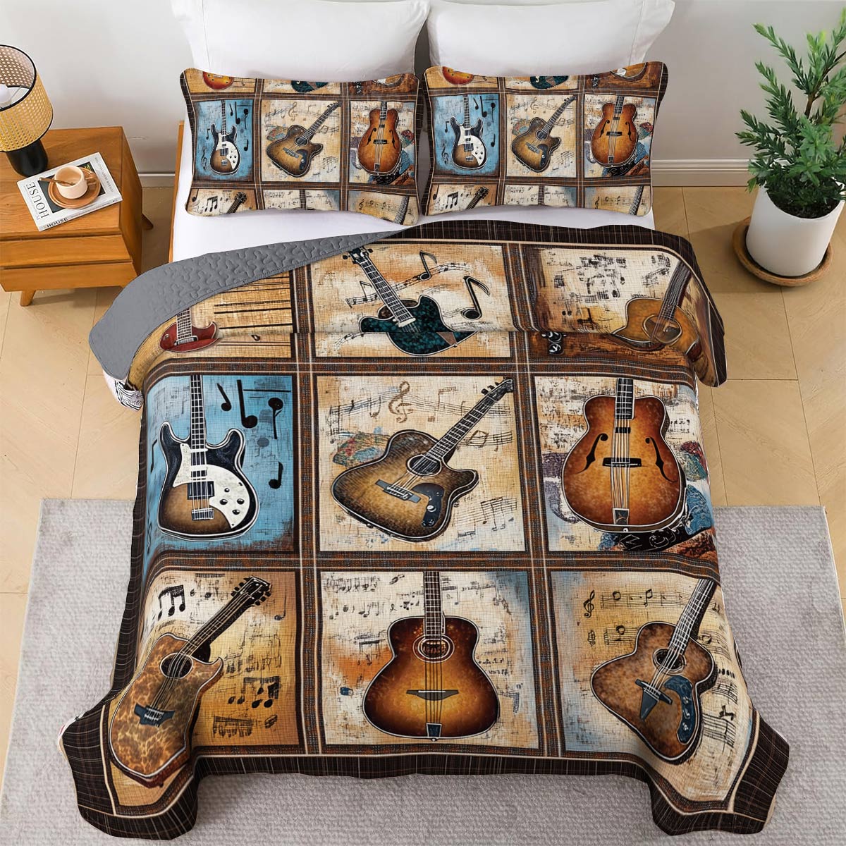 Shineful All Season Quilt 3-Piece Set - Rustic Guitar Patchwork