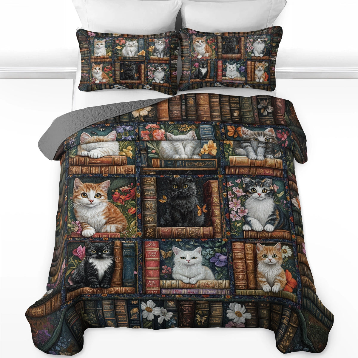 Shineful All Season Quilt 3-Piece Set - Library Cat Dreams