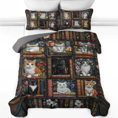 Shineful All Season Quilt 3-Piece Set - Library Cat Dreams