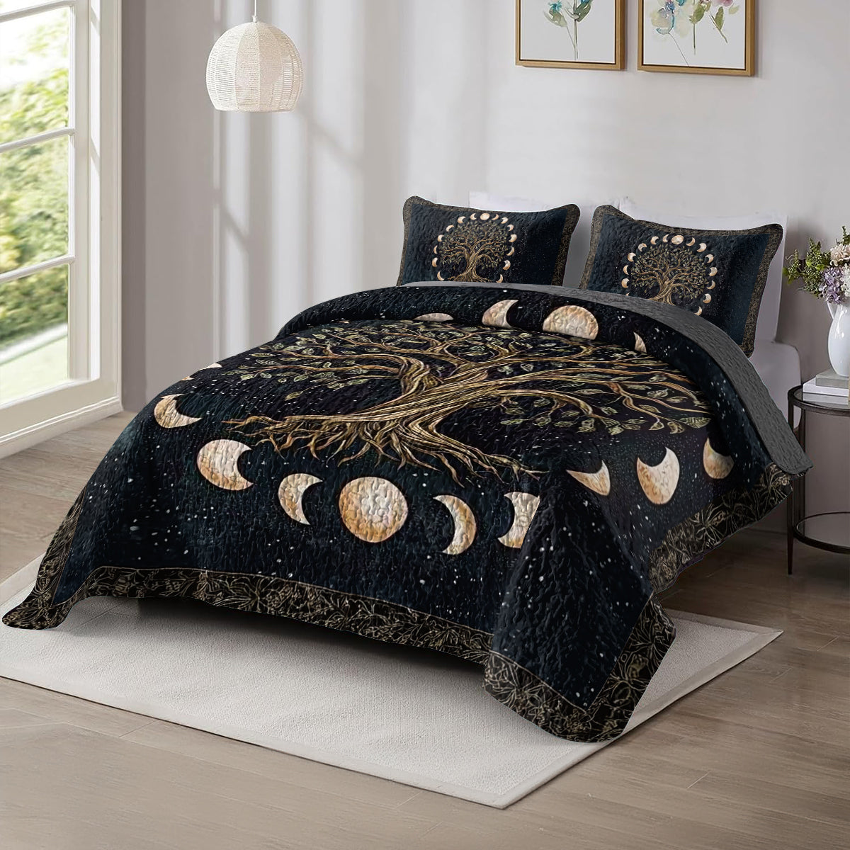 Shineful All Season Quilt 3-Piece Set - Mystical Moon Phases Tree of Life