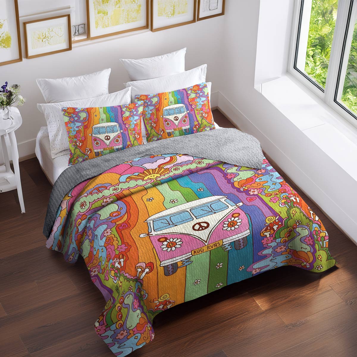 Shineful All Season Quilt 3-Piece Set Rainbow Hippie Van