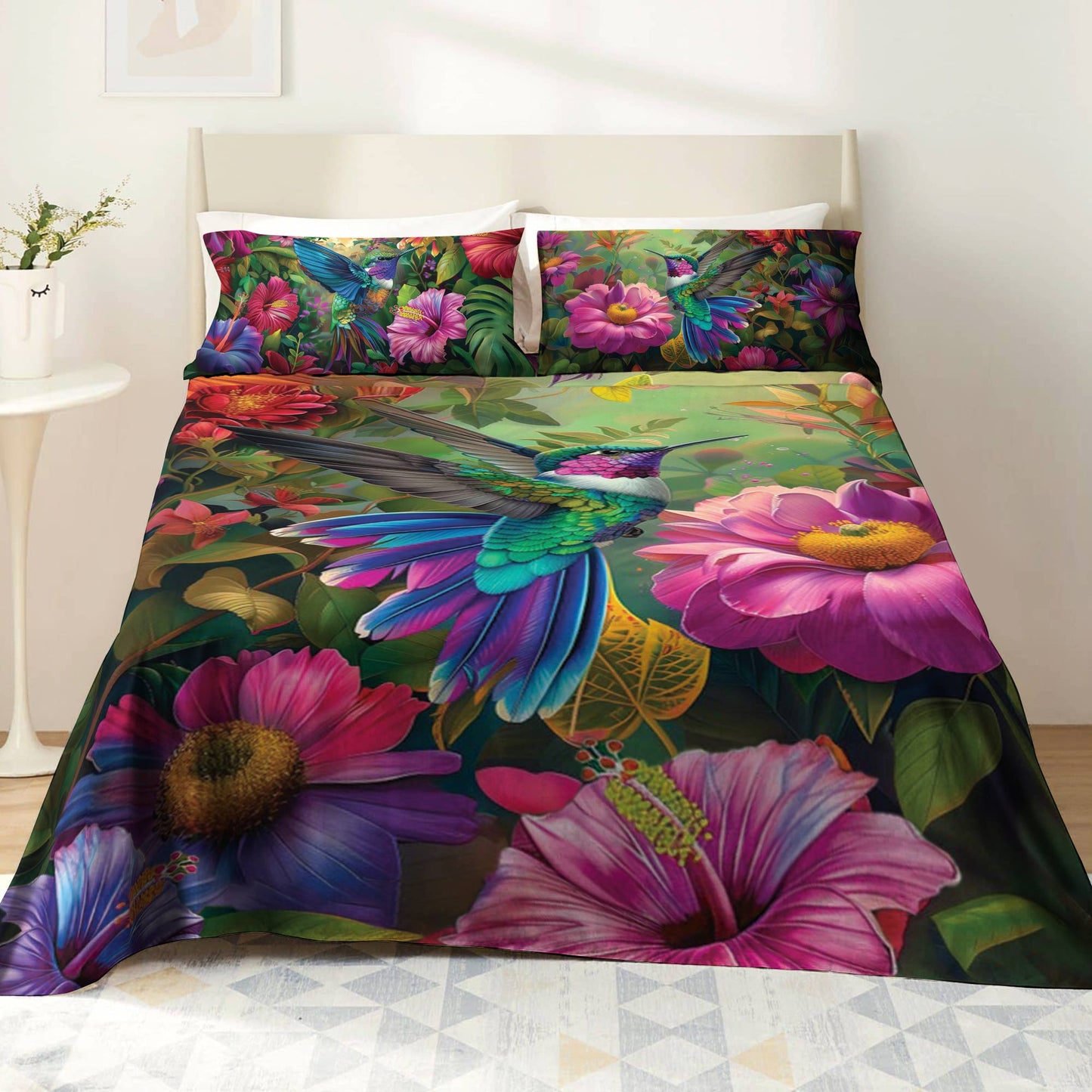 Shineful 4-Piece Bed Sheet Set Floral Hummingbird