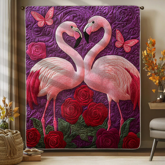 Shineful Flat Print Faux Quilt Blanket - Pink Flamingos in Love with Roses and Butterflies