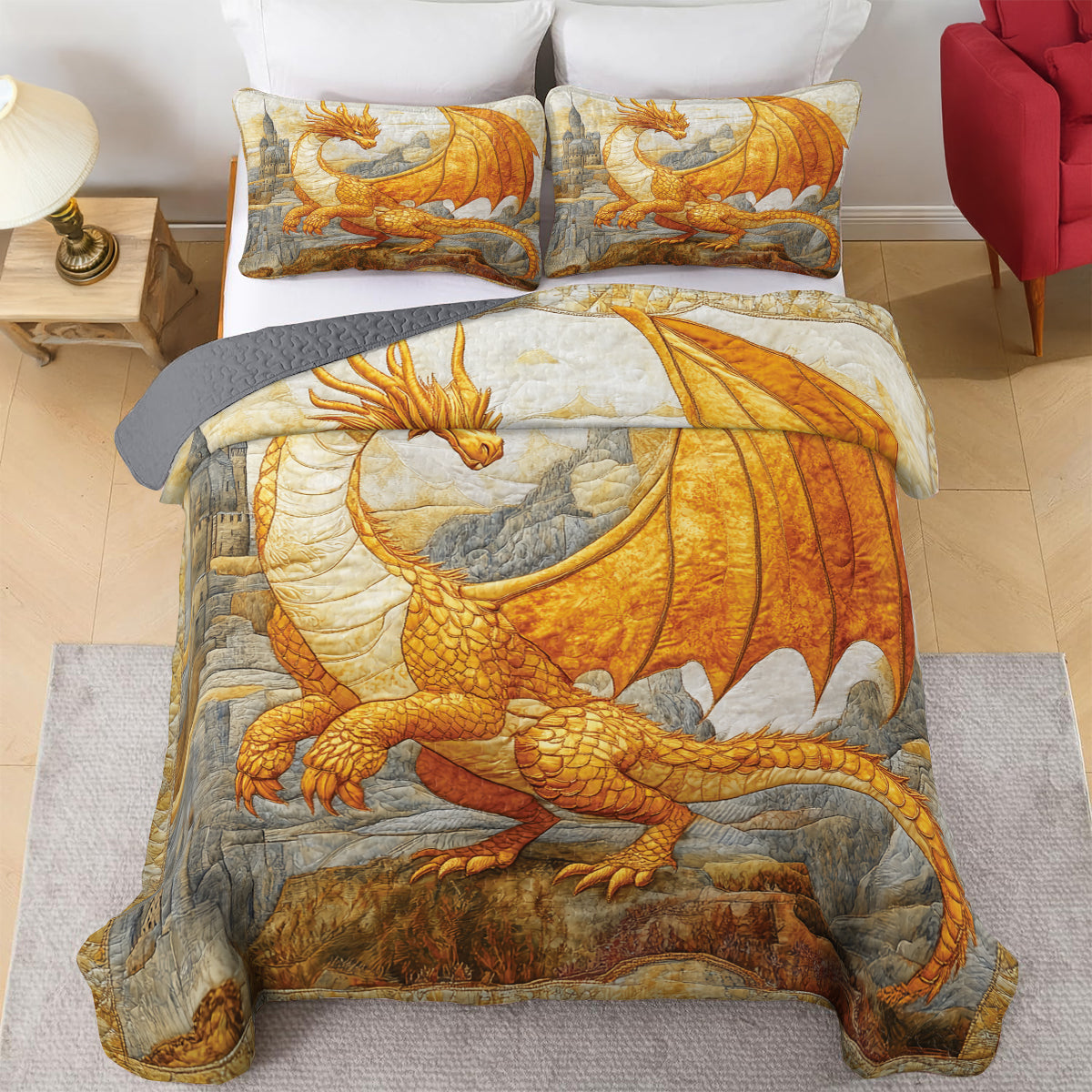 Shineful All Season Quilt 3-Piece Set Golden Dragon