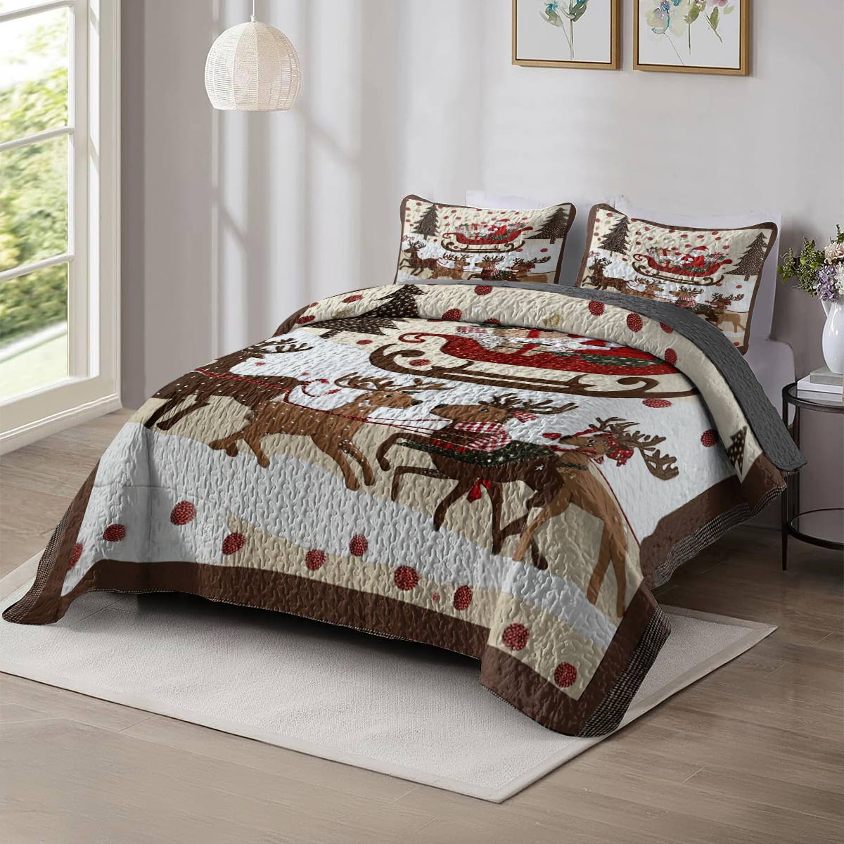 Shineful Flat Print Quilt 3-Piece Set Cozy Santa Claus With Reindeer Pulling His Sleigh Full Of Gifts