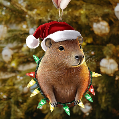 Ornement en acrylique brillant personnalisé Capybara Festive Lights