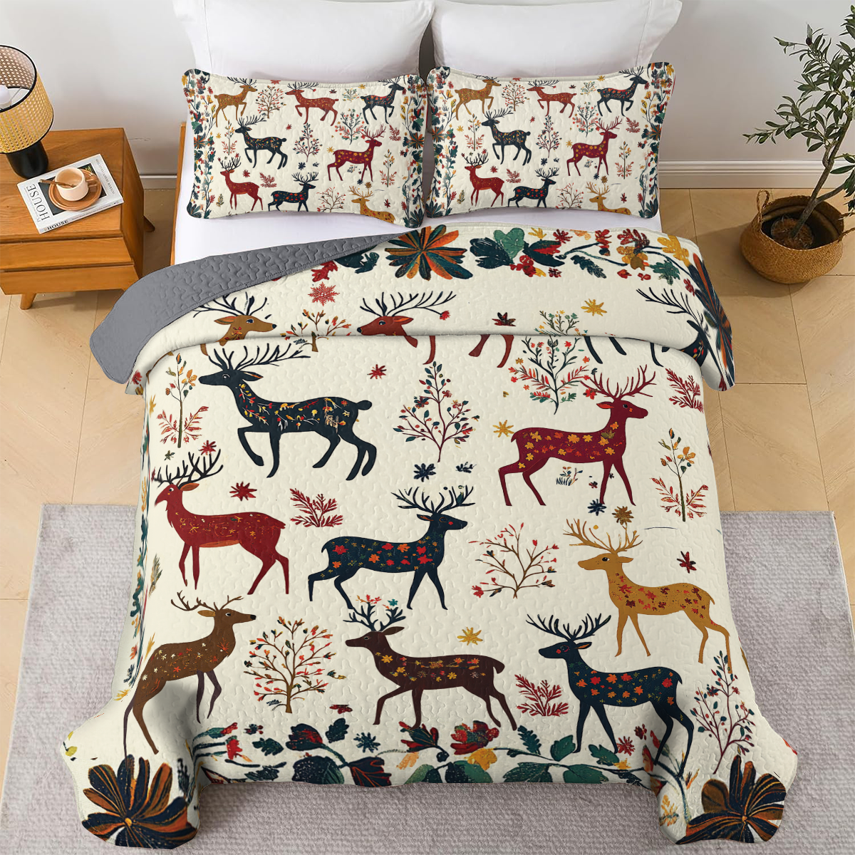 Shineful All Season Quilt 3-Piece Set - Charming Rustic Reindeer