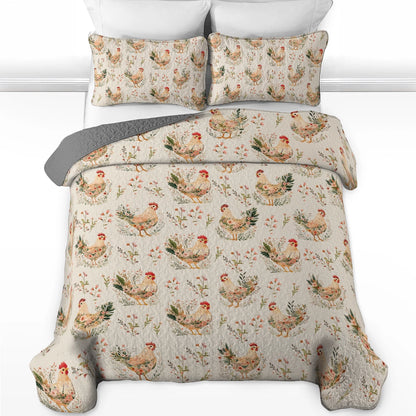 Shineful All Season Quilt 3-Piece Set - Botanical Chicken Garden