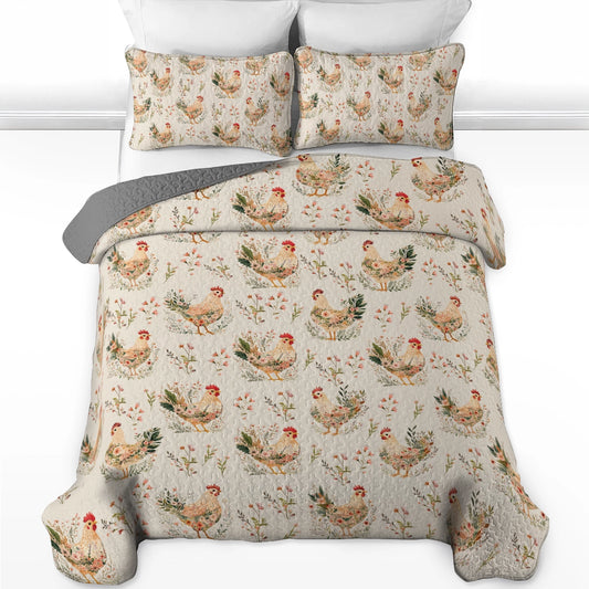 Shineful All Season Quilt 3-Piece Set - Botanical Chicken Garden