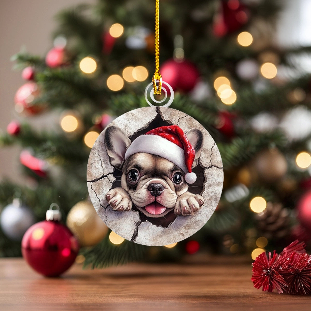 Glänzendes 2D-Ornament aus Acryl – Frenchie Peek-A-Boo Christmas