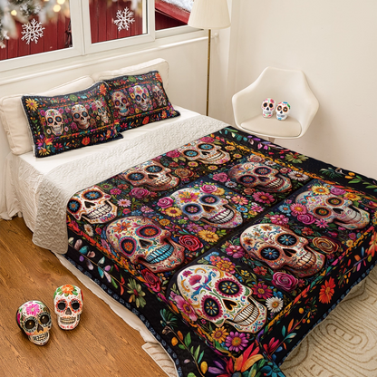 Shineful All Season Quilt 3-Piece Set Blossom Skull Elegance