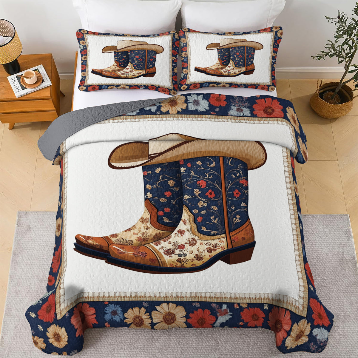 Shineful All Season Quilt 3-Piece Set Wildflower Cowboy Boots