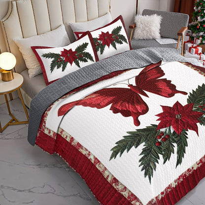 Shineful All Season Quilt 3-Piece Set Gentle Red Christmas Butterfly