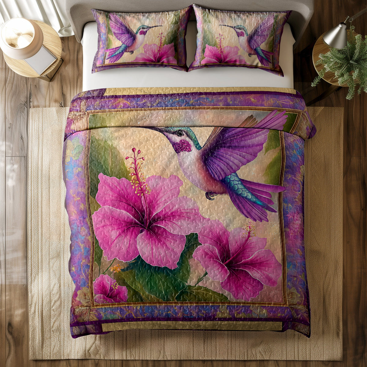 Shineful All Season Quilt 3-Piece Set - Whispers of Nature: Hummingbird & Hibiscus