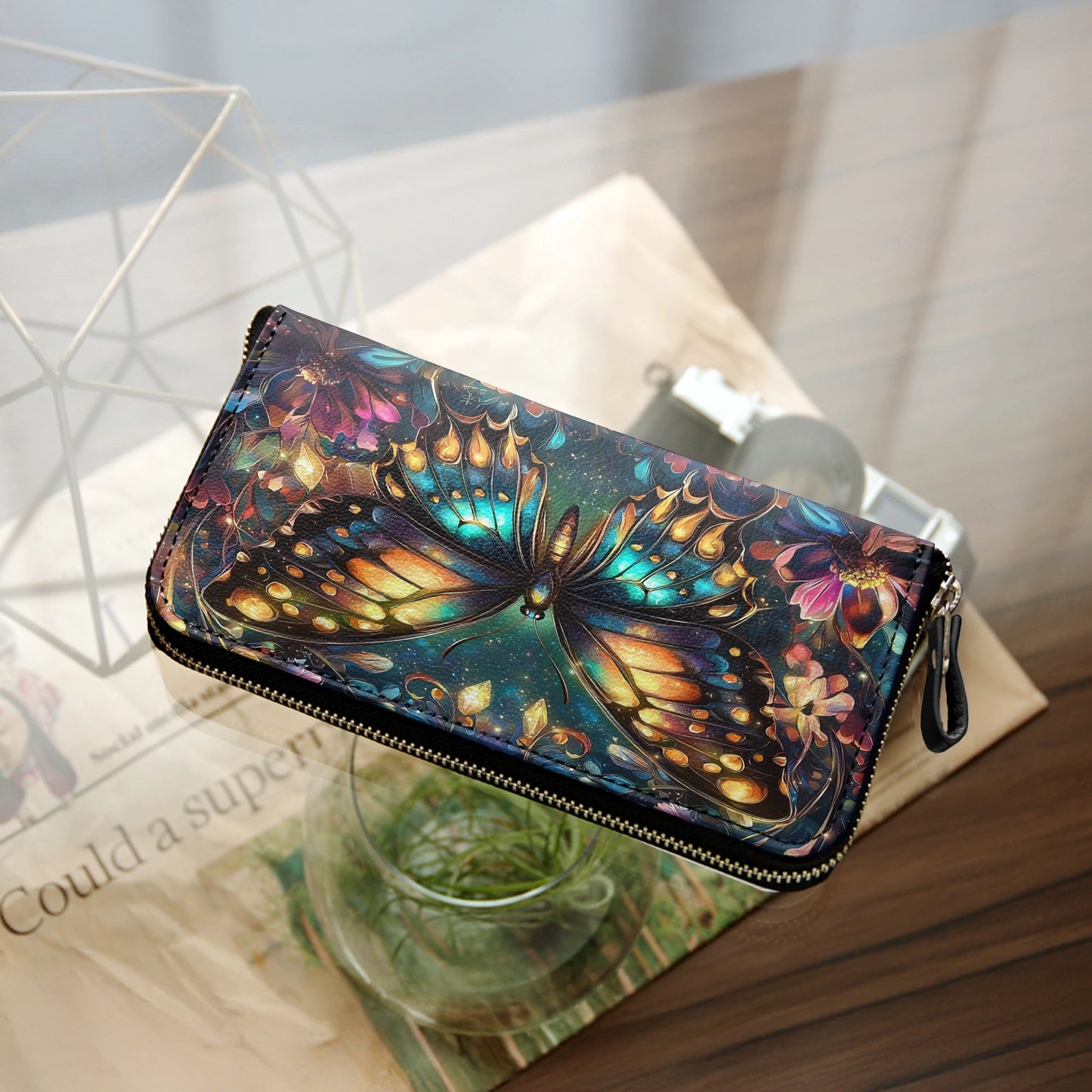 Shineful Leather Clutch Purse With Wristlet Strap Handle Butterfly Twilight Glow