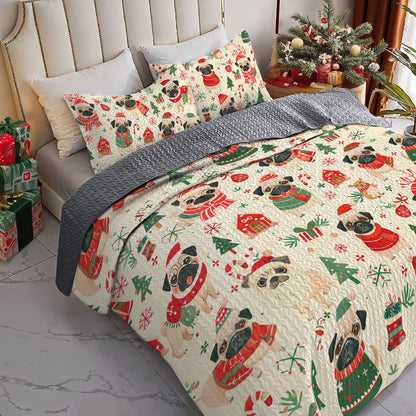 Shineful All Season Quilt 3-Piece Set Festive Pug Parade