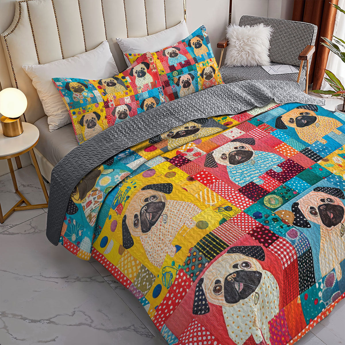 Shineful All Season Quilt 3-Piece Set Lovely Colorful Pug