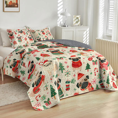 Shineful All Season Quilt 3-Piece Set Festive Pug Parade