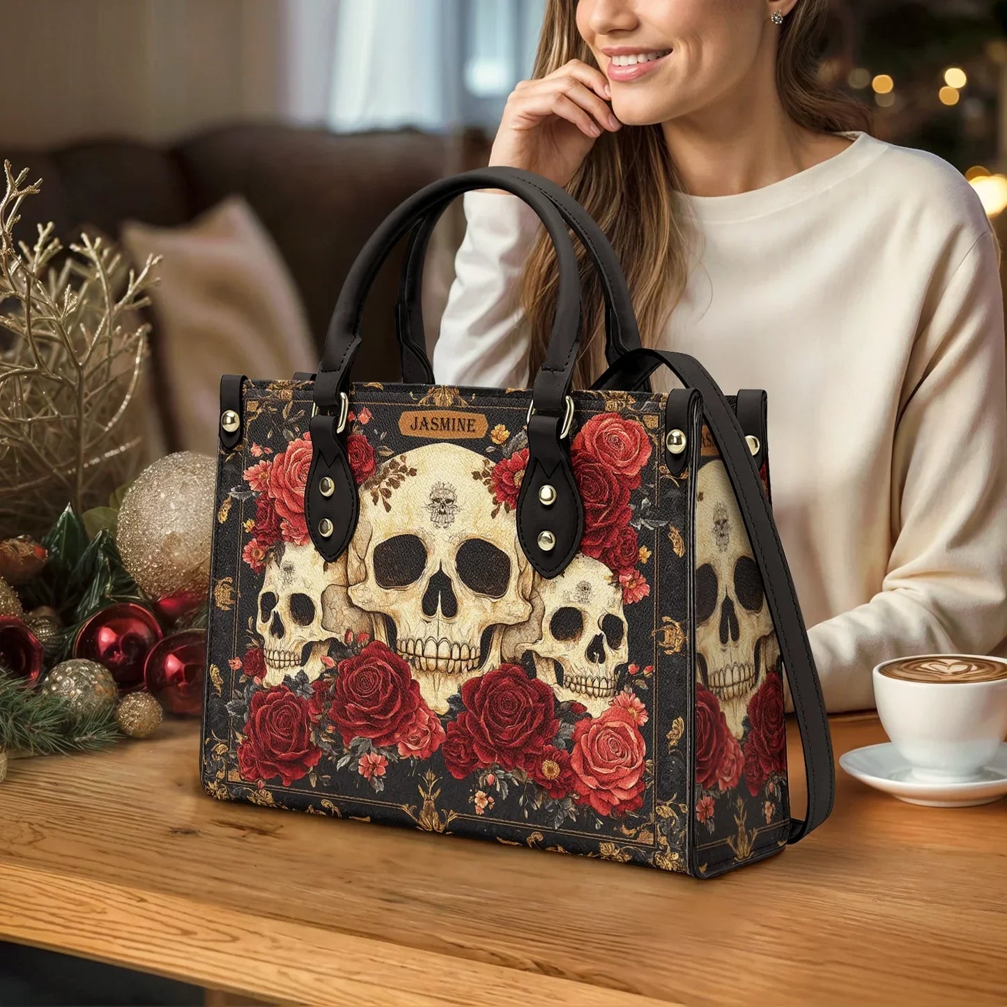 Glänzende Ledertasche Skull And Roses Luxe