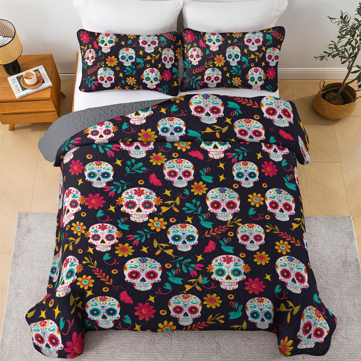 Shineful All Season Quilt 3-Piece Set Sugar Skull Garden