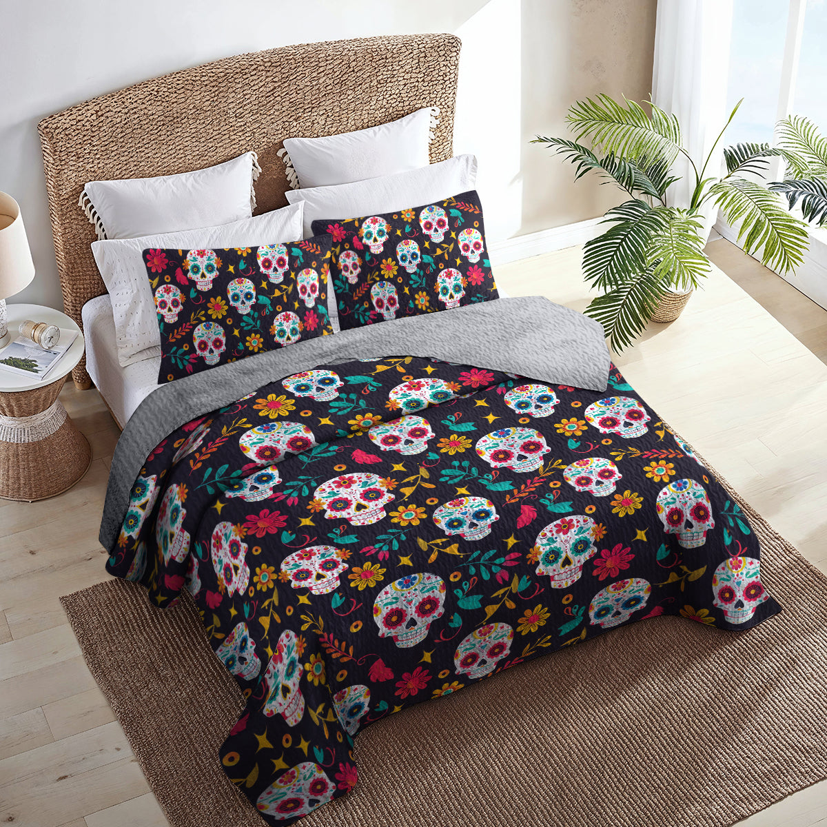 Shineful All Season Quilt 3-Piece Set Sugar Skull Garden