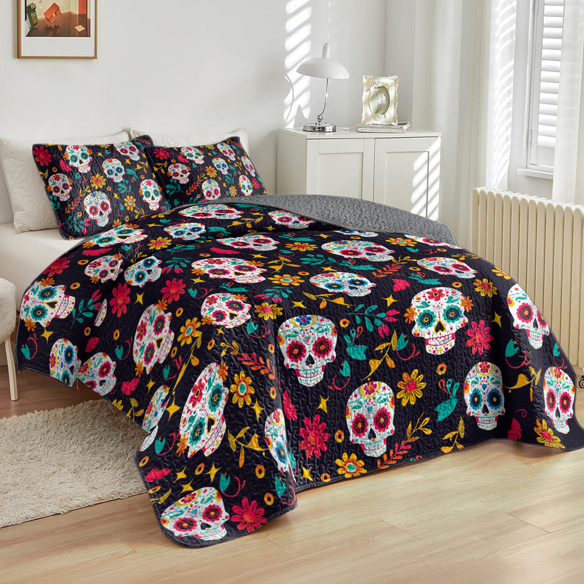 Shineful All Season Quilt 3-Piece Set Sugar Skull Garden