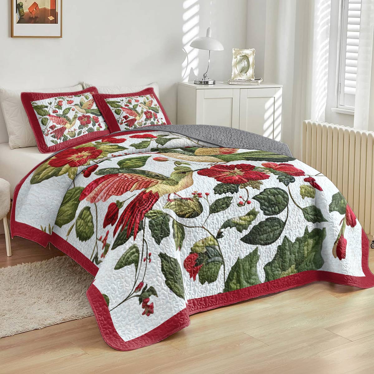 Shineful Flat Print All Season Quilt 3-Piece Set Beautiful Love Hummingbirds