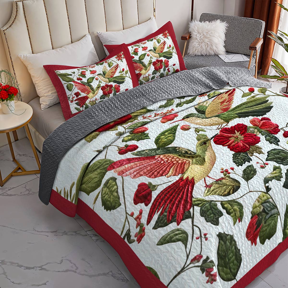 Shineful Flat Print All Season Quilt 3-Piece Set Beautiful Love Hummingbirds