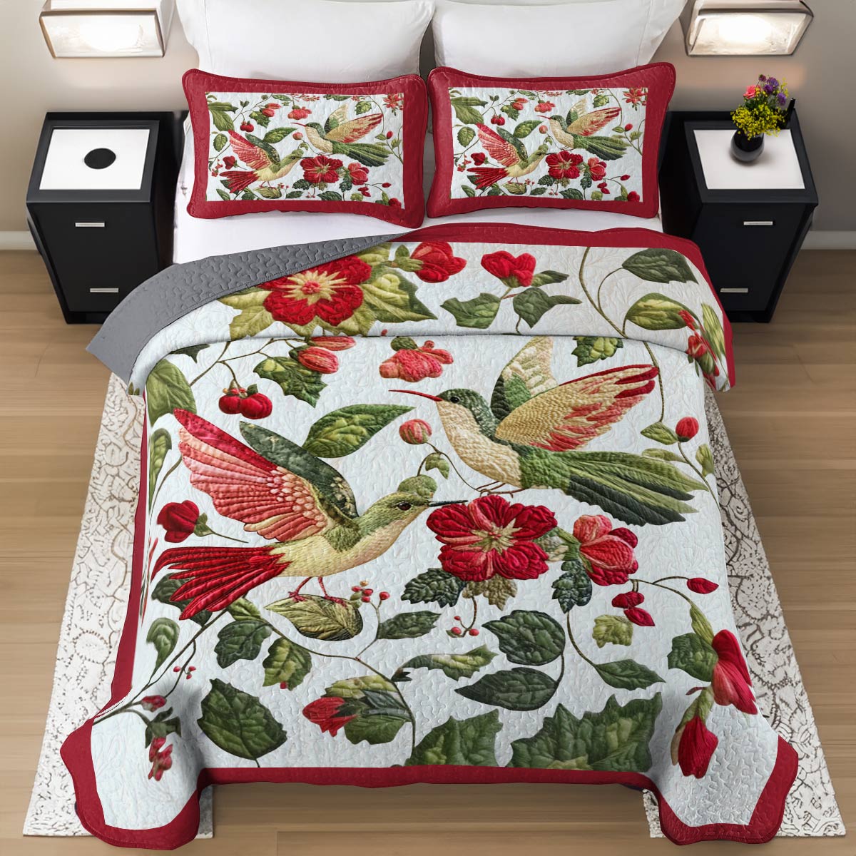 Shineful Flat Print All Season Quilt 3-Piece Set Beautiful Love Hummingbirds