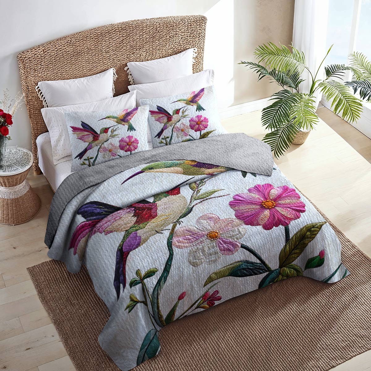 Shineful Flat Print All Season Quilt 3-Piece Set Pretty Love Hummingbirds