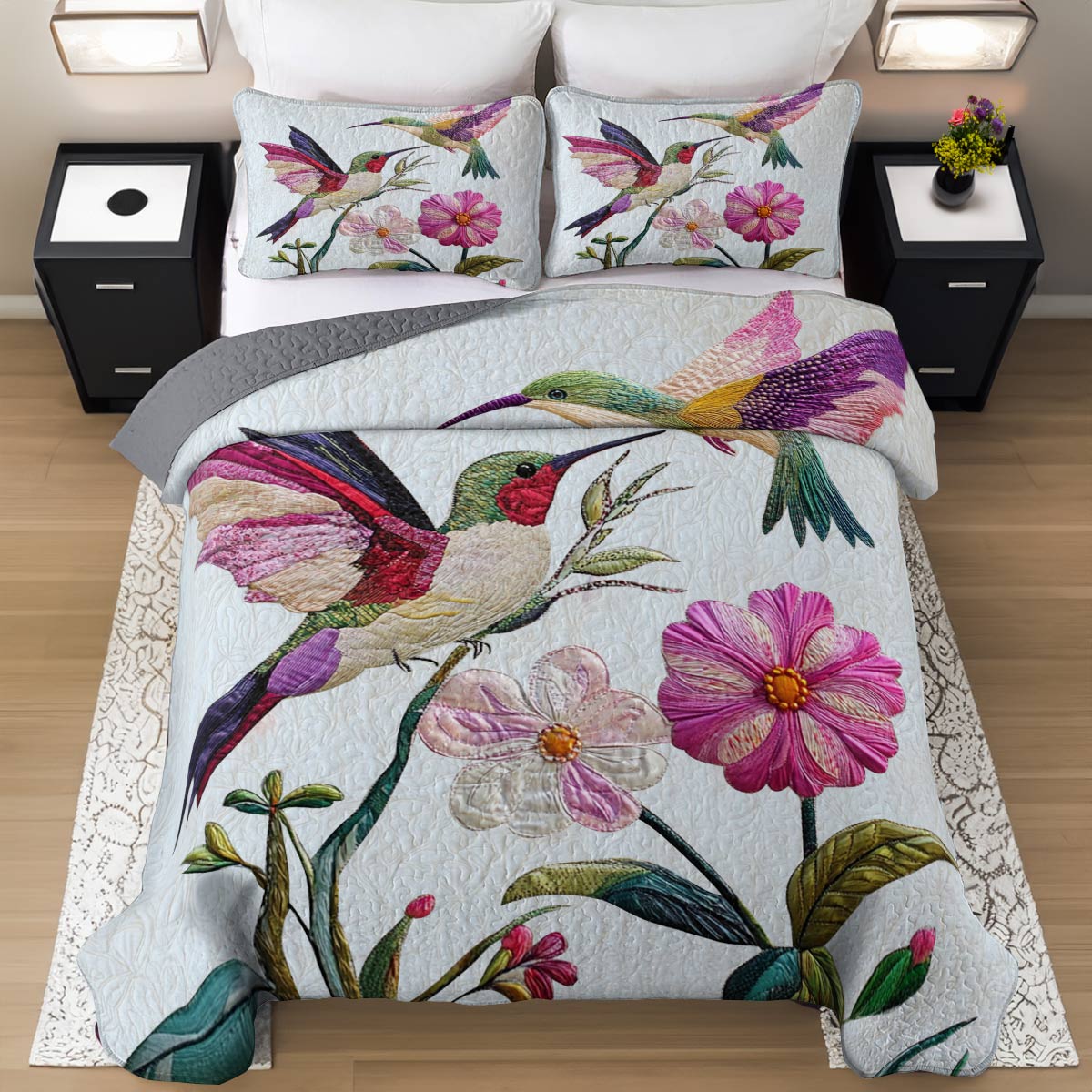 Shineful Flat Print All Season Quilt 3-Piece Set Pretty Love Hummingbirds