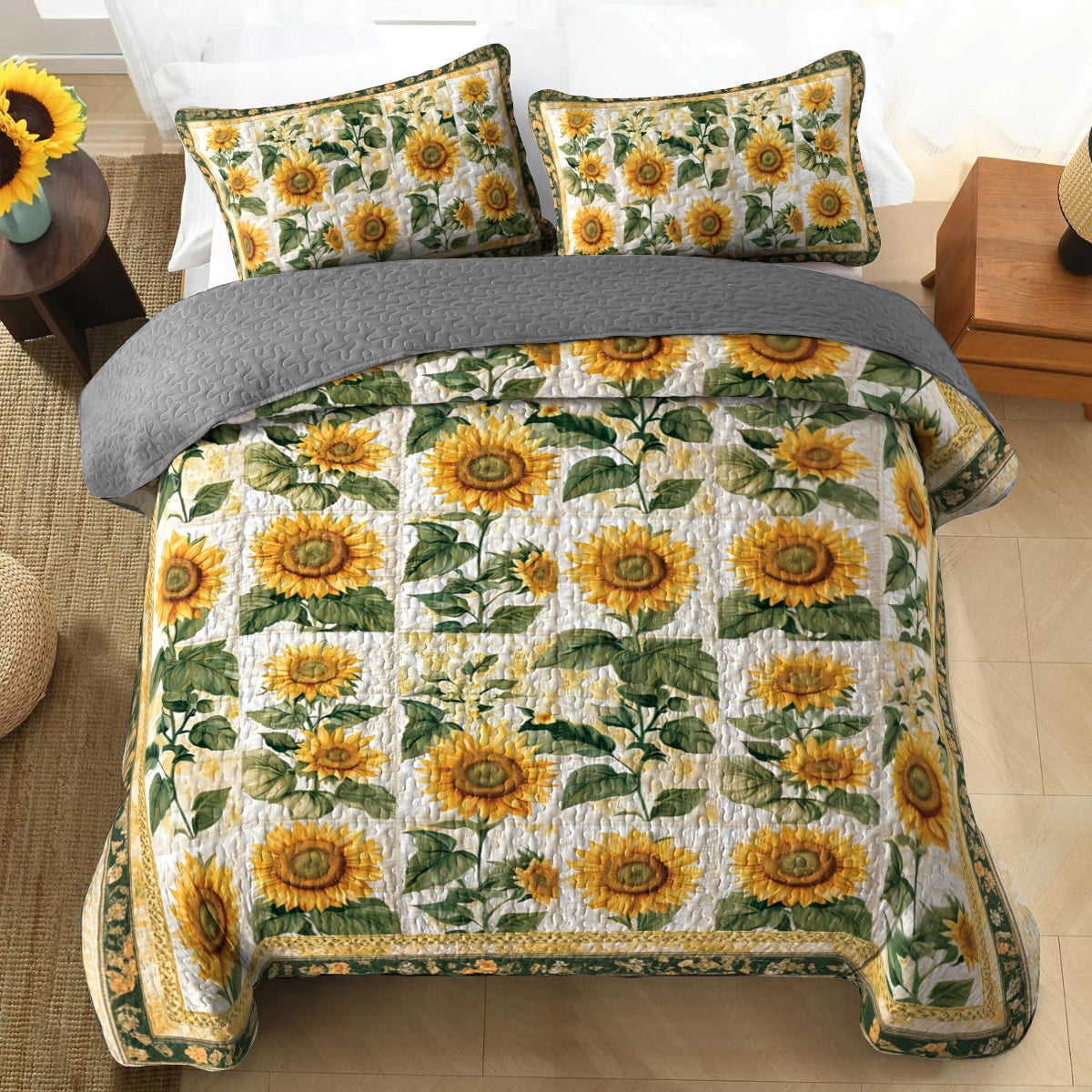 Shineful All Season Quilt 3-Piece Set Vintage Rustic Sunflower Patchwork