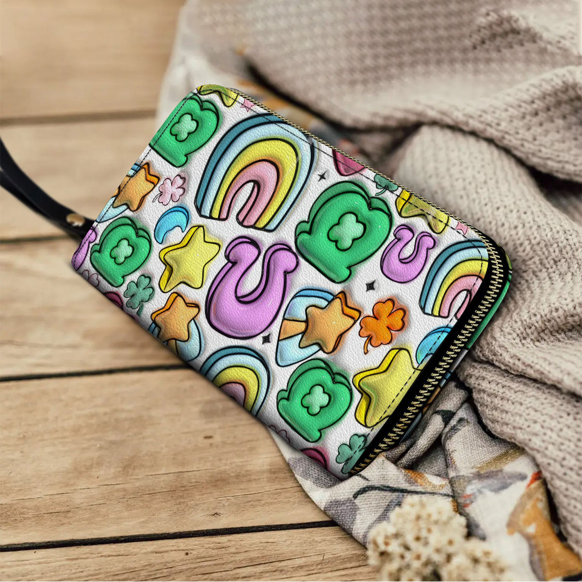 Shineful Leather Clutch Purse With Wristlet Strap Handle Lucky Charms