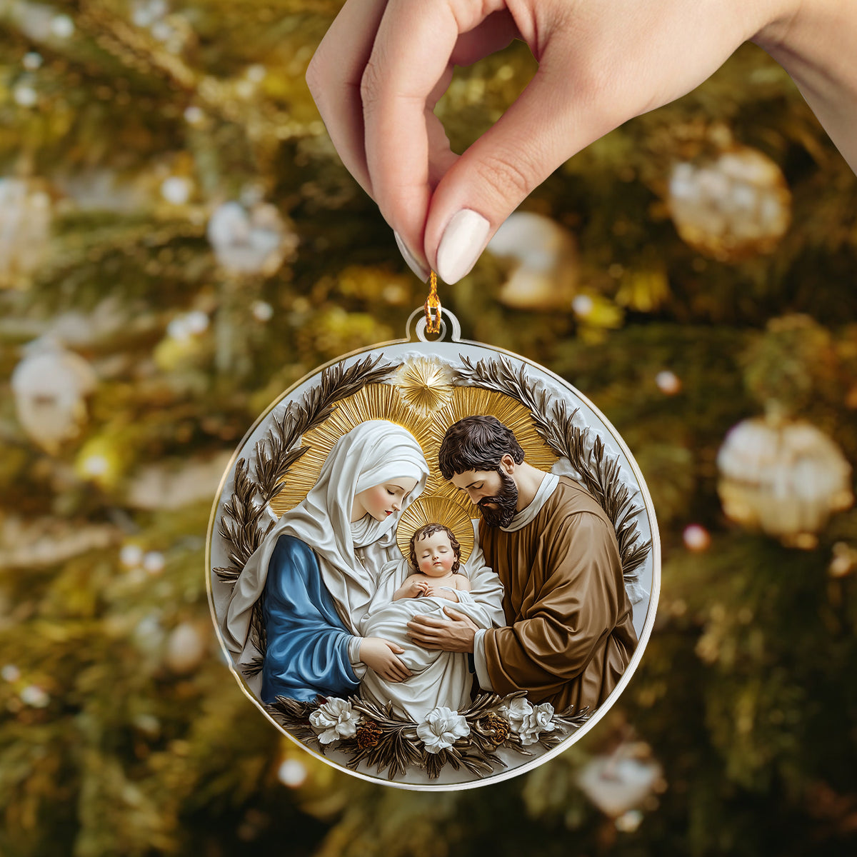 Glänzendes 2D-Ornament aus Acryl – Weihnachtskrippe der Heiligen Familie