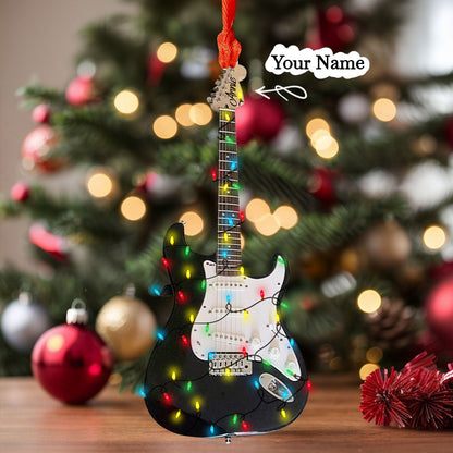 Ornement en acrylique 2D brillant - Guitare de Noël personnalisée avec lumières rockin'