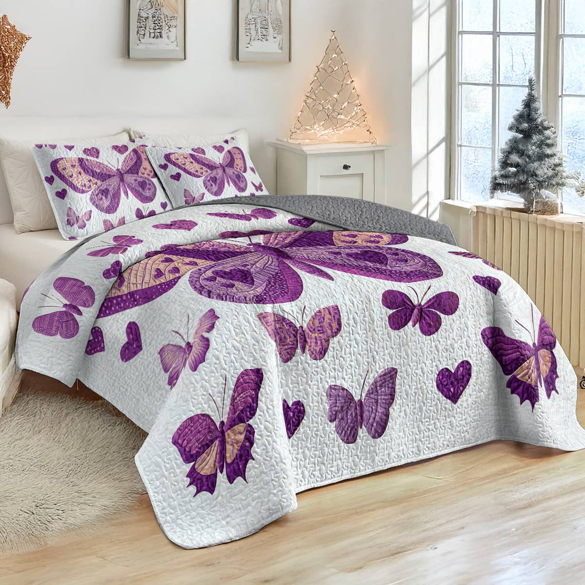 Shineful All Season Quilt 3-Piece Set - Purple Butterfly Bliss