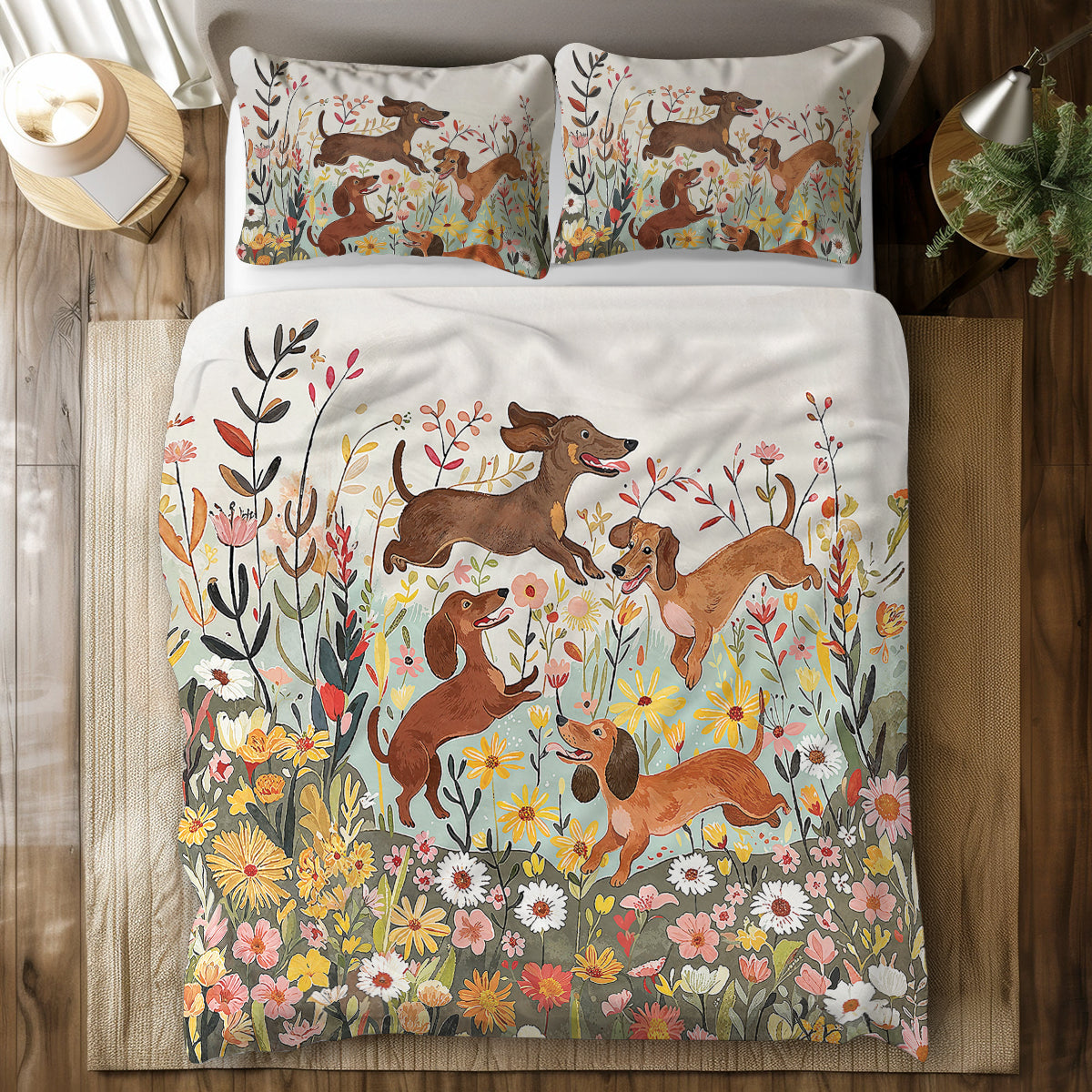 Shineful 3 Pieces Duvet Cover Set - Dachshund Floral