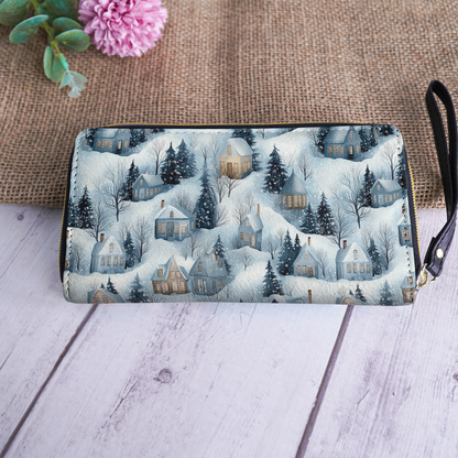 Shineful Leather Clutch Purse With Wristlet Strap Handle Snow Village