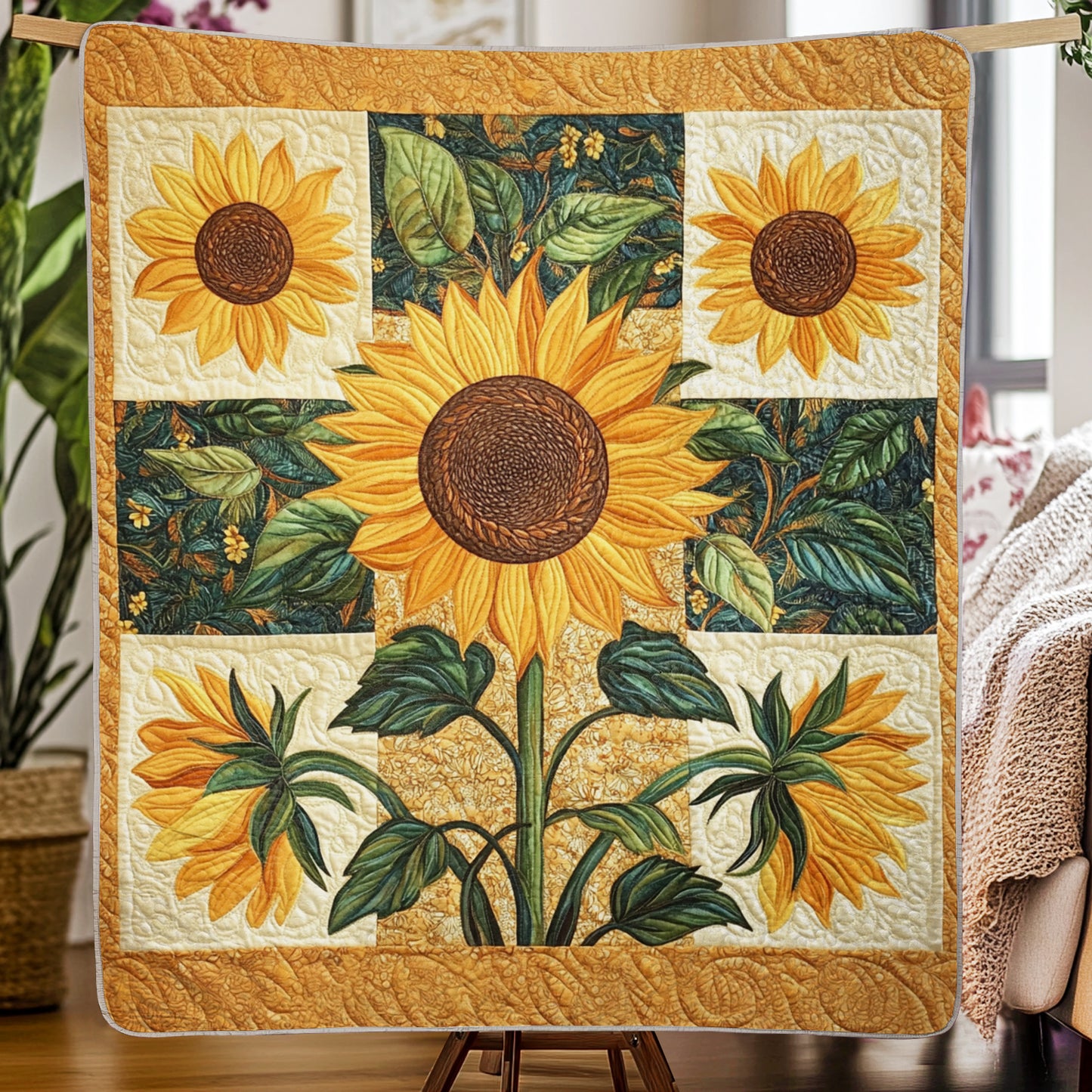 Shineful Flat Print Faux Quilt Blanket - Golden Sunflower