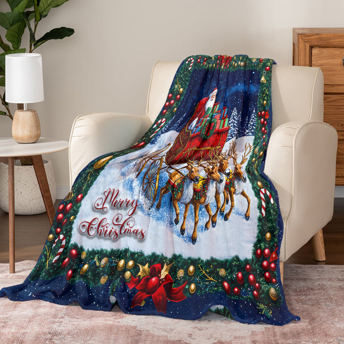 Shineful Fleece Blanket Santa's Sleigh Ride Christmas Quilt