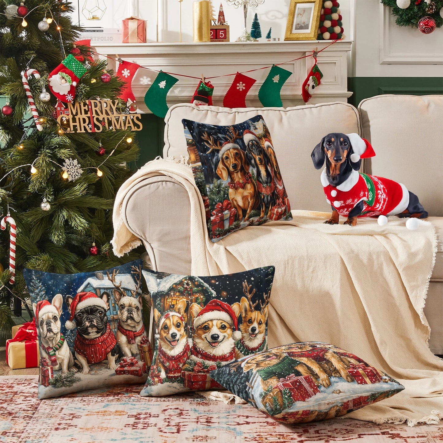 Shineful 2D Print Cushion Cover, Pillowcase, Pillows Covers - Festive Paws Collection