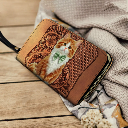 Shineful Leather Clutch Purse With Wristlet Strap Handle Charming Whiskers