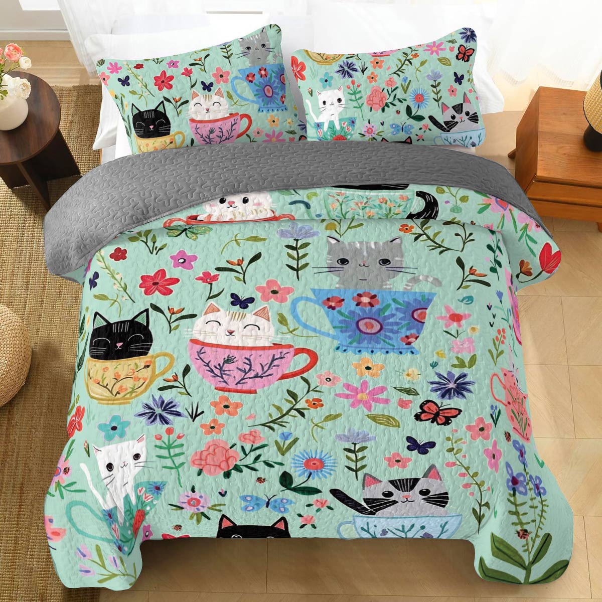 Shineful All Season Quilt 3-Piece Set Cat Cups