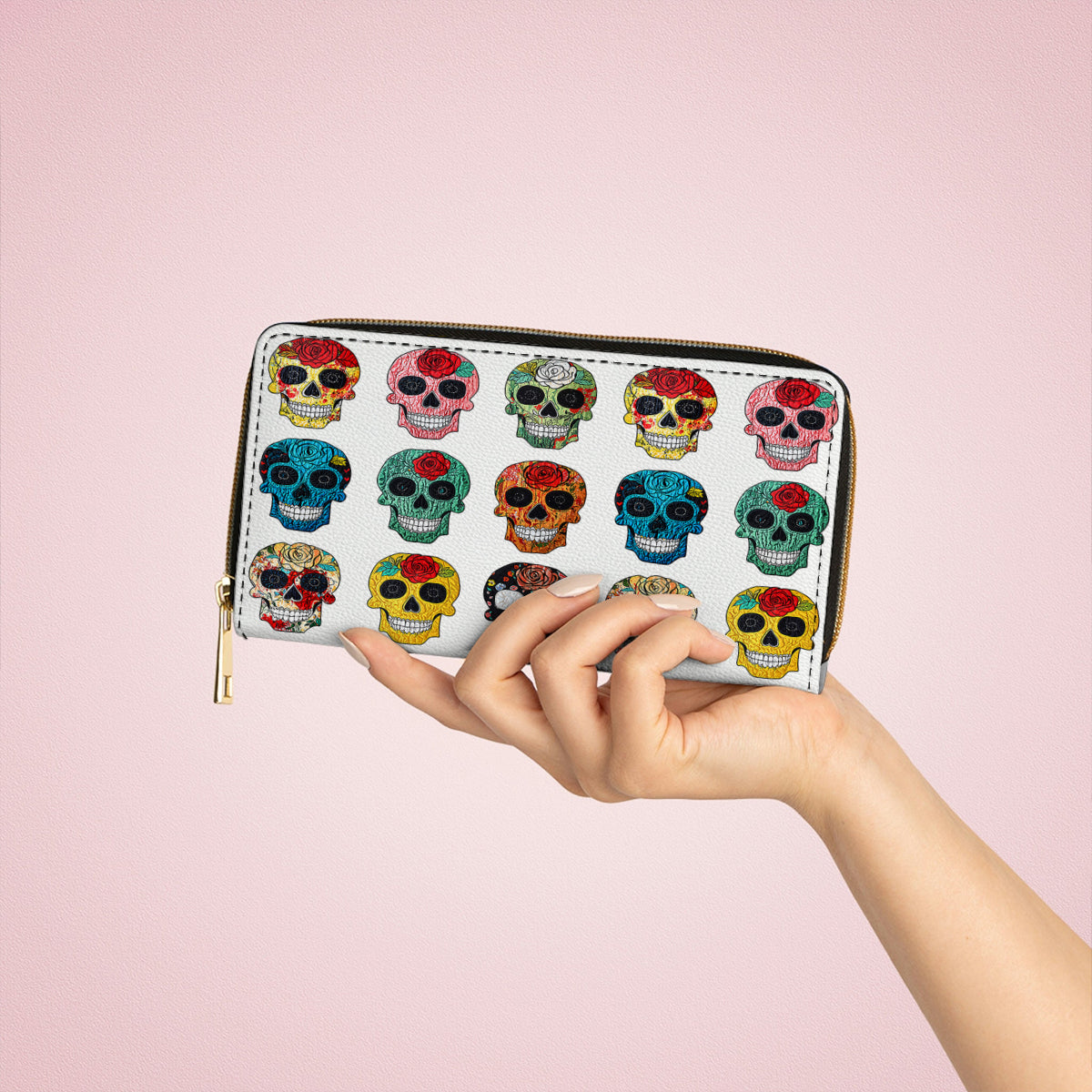 Shineful Leather Clutch Purse With Wristlet Strap Handle Colorful Sugar Skull Roses