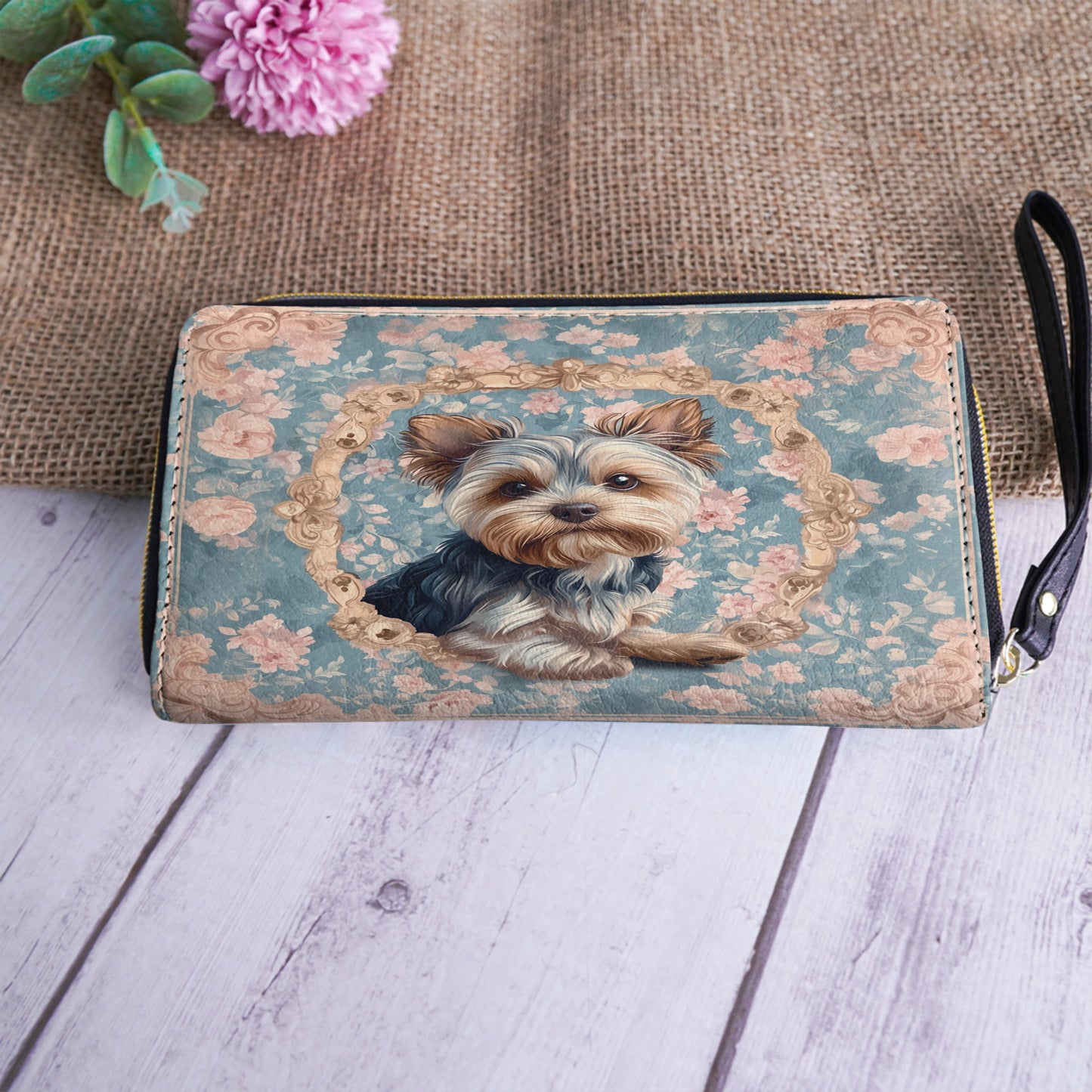 Shineful Leather Clutch Purse With Wristlet Strap Handle Yorkie Blossom Elegance