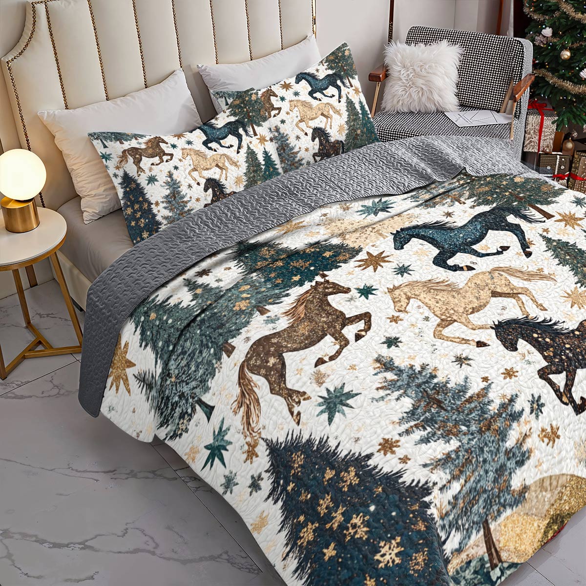 Shineful All Season Quilt 3-Piece Set Charming Horse Christmas Tree