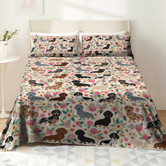 Shineful 4-Piece Bed Sheet Set Floral Dachshunds