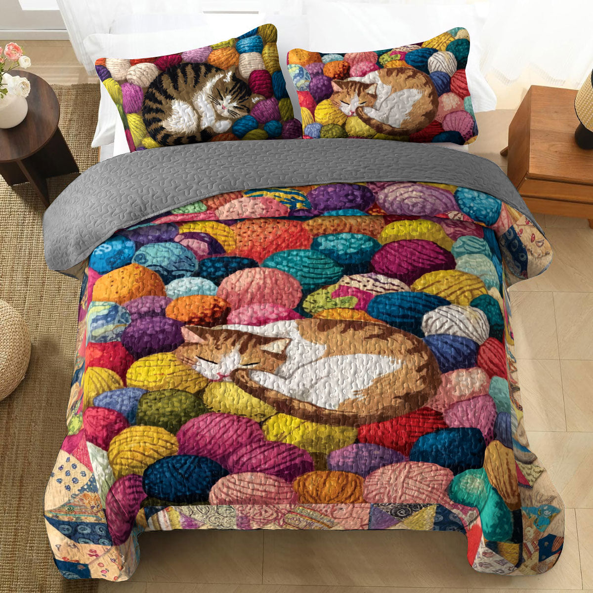 Shineful All Season Quilt 3-Piece Set Colorful Yarn Balls n Sleeping Cats