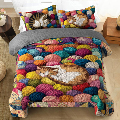 Shineful All Season Quilt 3-Piece Set Colorful Yarn Balls n Sleeping Cats